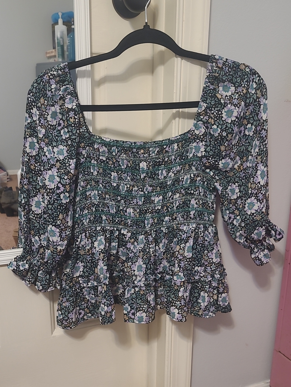 American Eagle Outfitters Black Floral Smocked Peasant Top